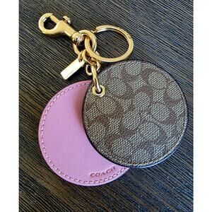 NWT Coach Bag Purse Keychain Compact Mirror Canvas Khaki PINK Charm Round LOGO